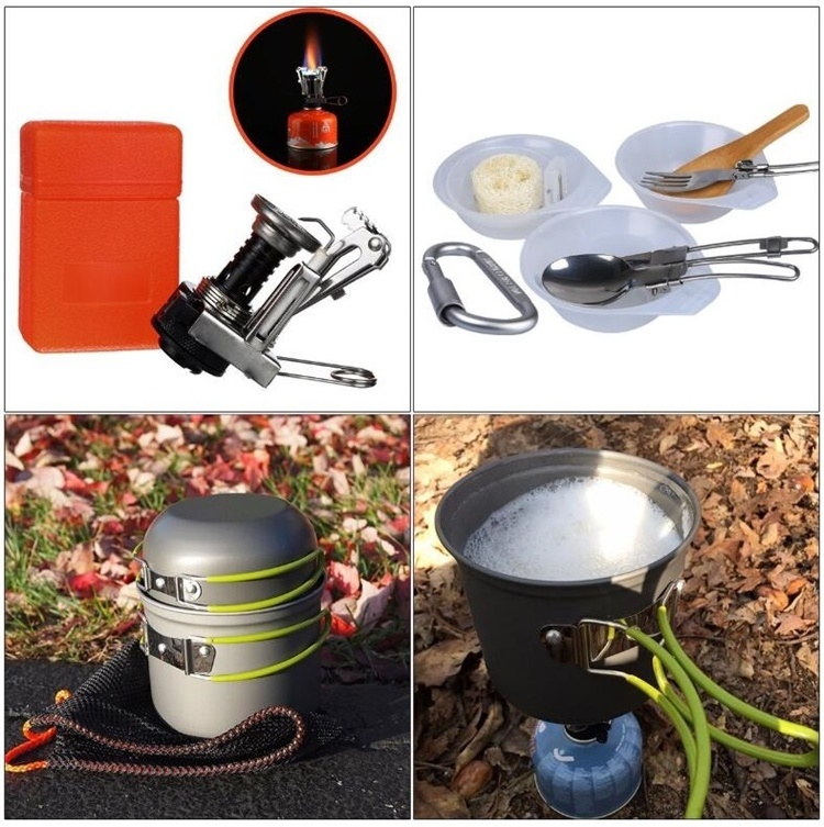 Outdoor Hiking Cookware Set Backpacking Cooking Picnic Bowl Pot Pan Set Camping Cookware Mess Kit