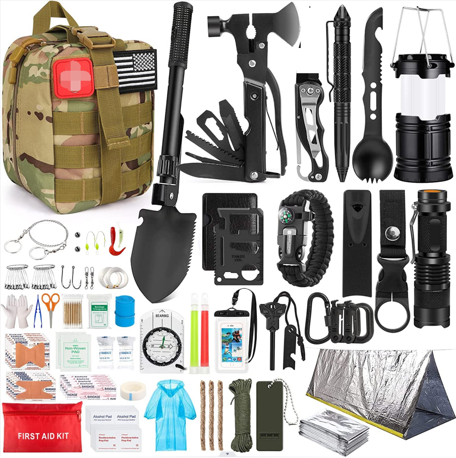 OEM Molle System Compatible 250pcs Camping Survival Gear Emergency Survival Kit First Aid Kit with Tent Metal Hammer Shovel