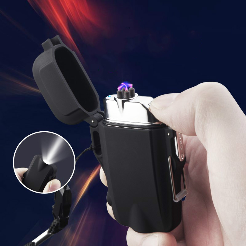 Camping Waterproof Windproof Dual Arc Lighter USB Rechargeable Electric Cigarette Lighter with LED Flashlight