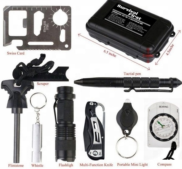 Emergency Survival Gear Kit 11in 1,Outdoor Multi-Purpose Tool compass fire starters flashlight Used Camping Gear kit