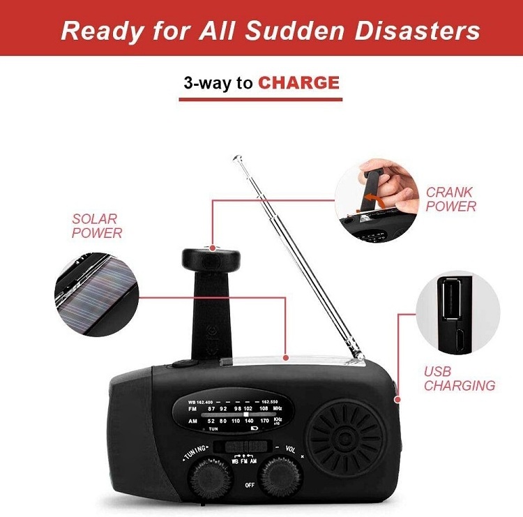 2000mAh Emergency NOAA Weather Radio Dynamo Hand Crank Radio Solar Powered AM WB FM Portable Radio with 3 LED Flashlight