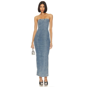 Blue Denim Midi Dress Party Club Outfit Slim Demin Jeans Women Dresses Slit Strapless Jean Dress For Ladies