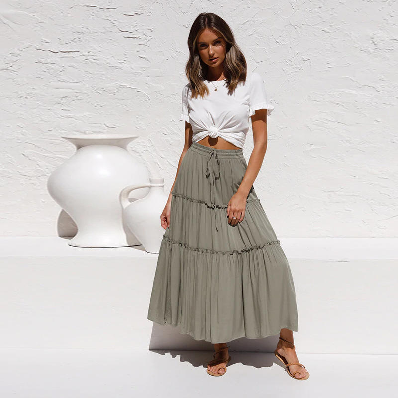 Midi Long Maxi Summer High Waisted Asymmetrical Ruched Ruffle pleated linen cotton women  skirts