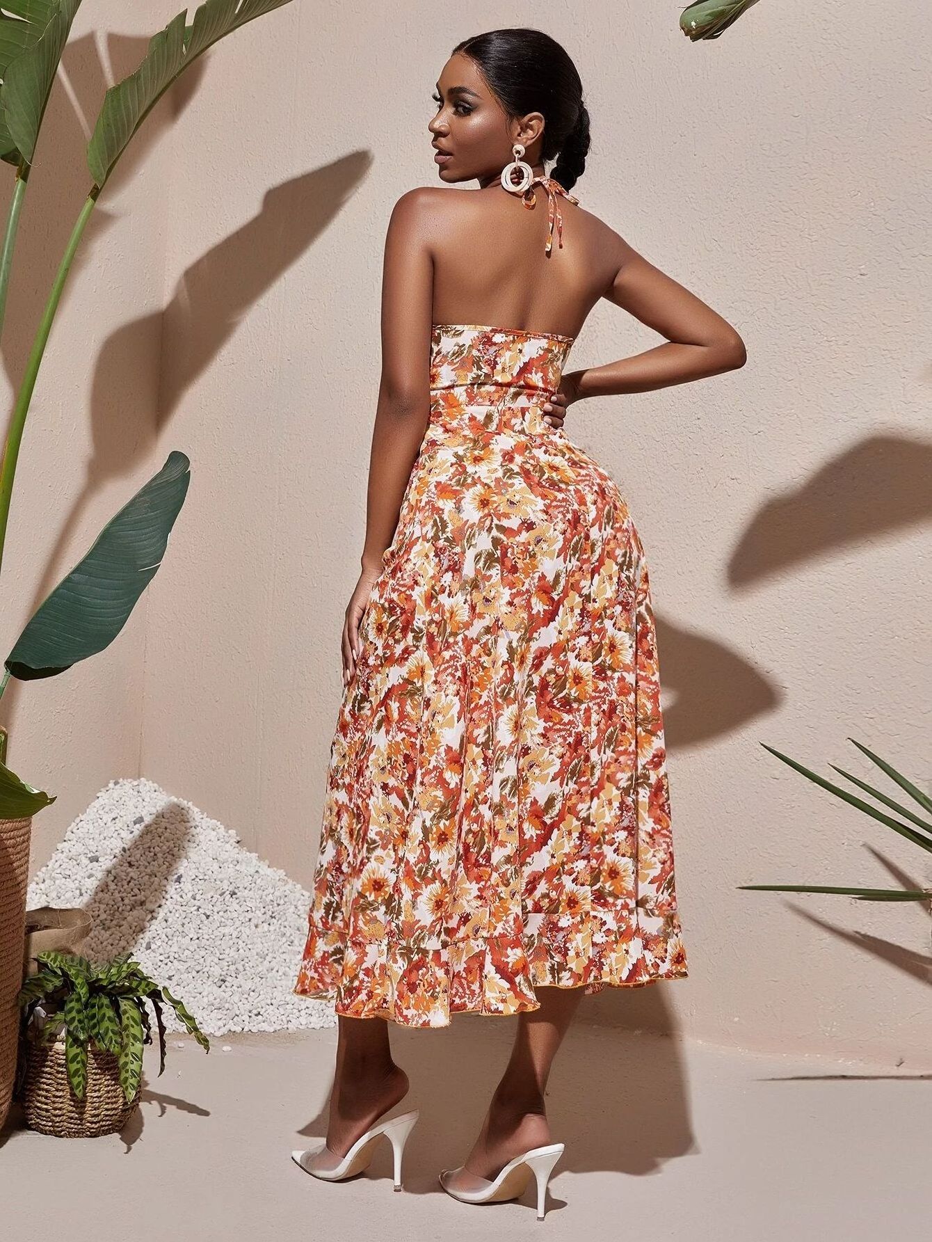 Sexy crossover strap halter dress backless floral print dress