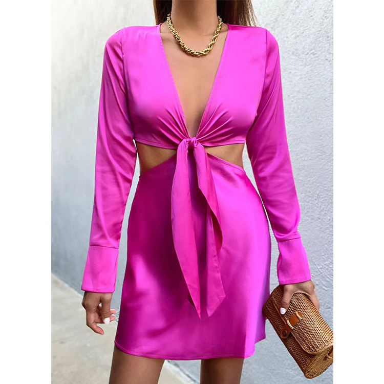 Luxury clothing christmas woman dress casual long sleeve silk satin short dresses ladies V neck satin slip dress in pink