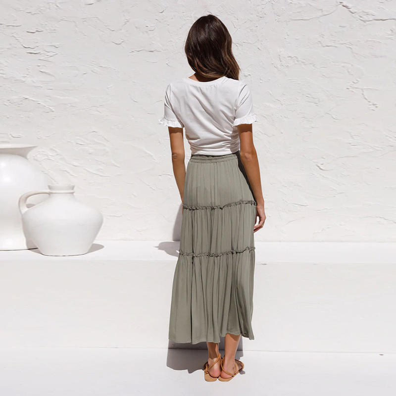 Midi Long Maxi Summer High Waisted Asymmetrical Ruched Ruffle pleated linen cotton women  skirts