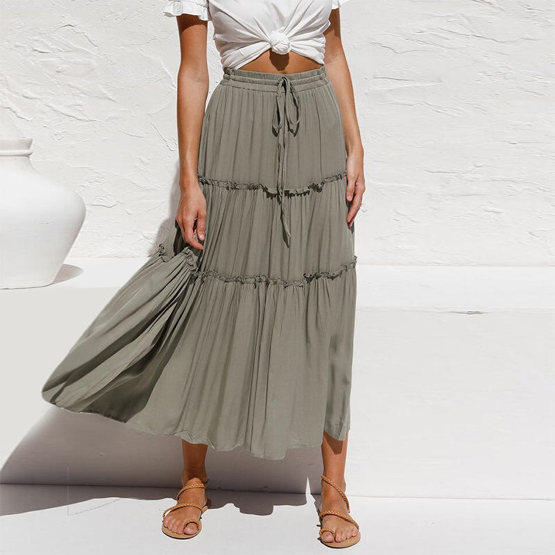 Midi Long Maxi Summer High Waisted Asymmetrical Ruched Ruffle pleated linen cotton women  skirts