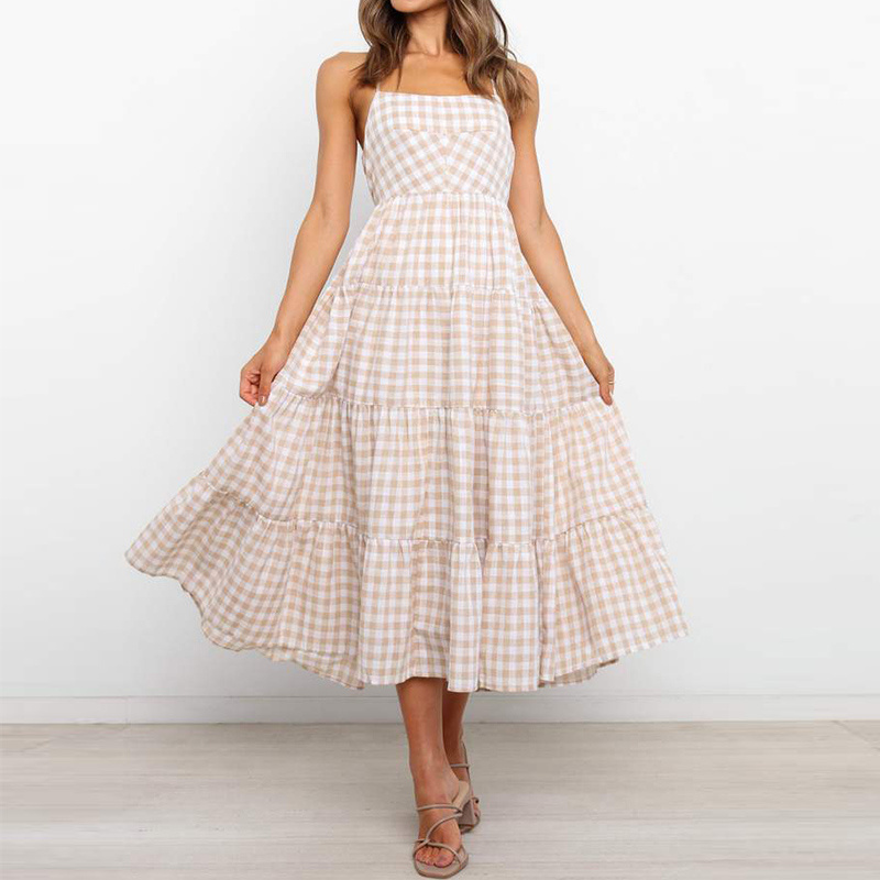 One Piece Checked Pleated Cotton Tiered Skirt Gingham Dress Cross Back Ruffle Midi Dress Women Summer elegant casual dresses