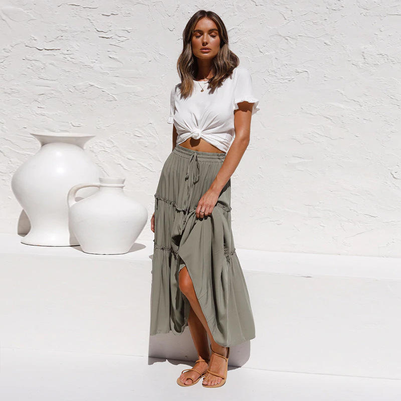 Midi Long Maxi Summer High Waisted Asymmetrical Ruched Ruffle pleated linen cotton women  skirts