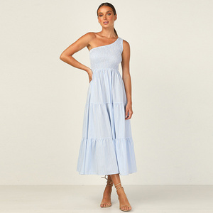 Woven asymmetric neckline vertical blue and white stripe midi dress