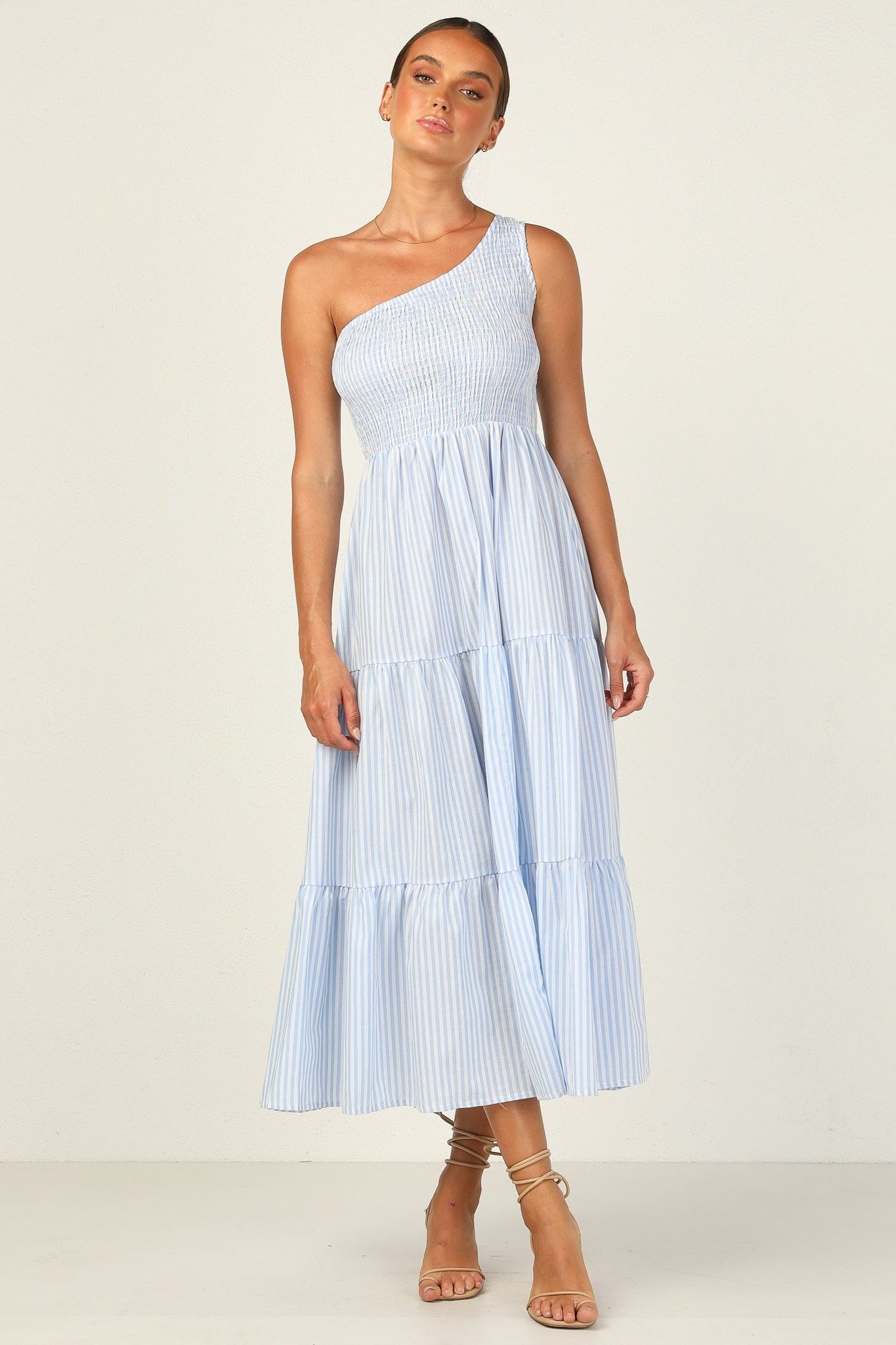 Woven asymmetric neckline vertical blue and white stripe midi dress