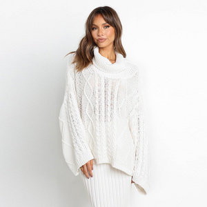 Fall winter women turtleneck pointelle crochet open stitch cable knitted sweater pullover