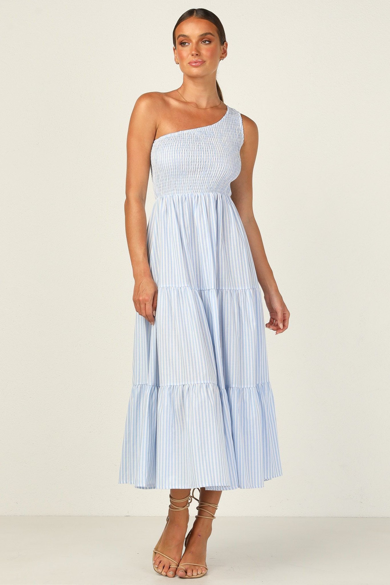 Woven asymmetric neckline vertical blue and white stripe midi dress