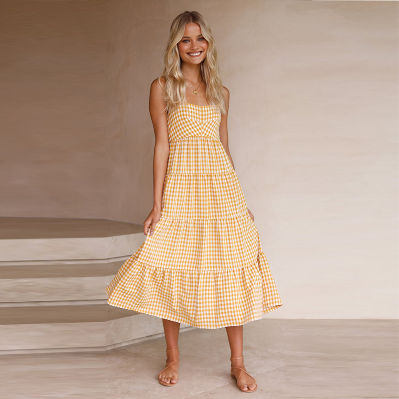 One Piece Checked Pleated Cotton Tiered Skirt Gingham Dress Cross Back Ruffle Midi Dress Women Summer elegant casual dresses