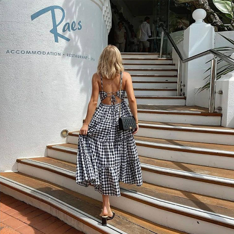 One Piece Checked Pleated Cotton Tiered Skirt Gingham Dress Cross Back Ruffle Midi Dress Women Summer elegant casual dresses