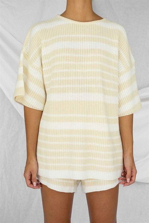 Wholesale women knitwear loungewear sets striped knit oversize top 2 piece shorts set