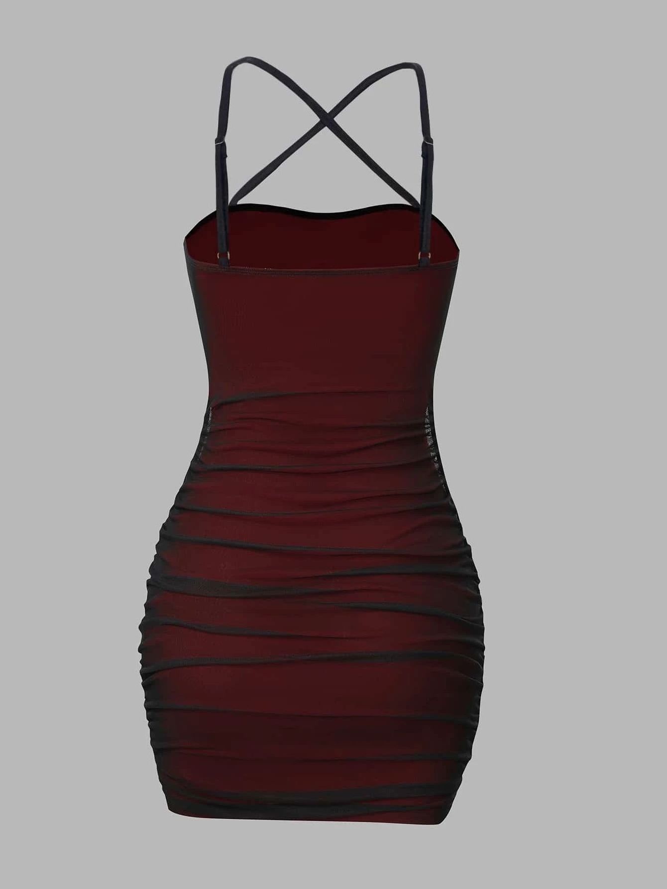 Contrast Mesh Crisscross Ruched Bodycon Mini Dress Sleeveless Sexy Cami Slip Dress