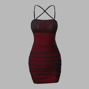 Contrast Mesh Crisscross Ruched Bodycon Mini Dress Sleeveless Sexy Cami Slip Dress