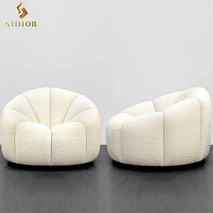 Cream White Lazy Pumpkin Sofa Shaped Boucle Accent Swivel Lounge Chair With Ottoman