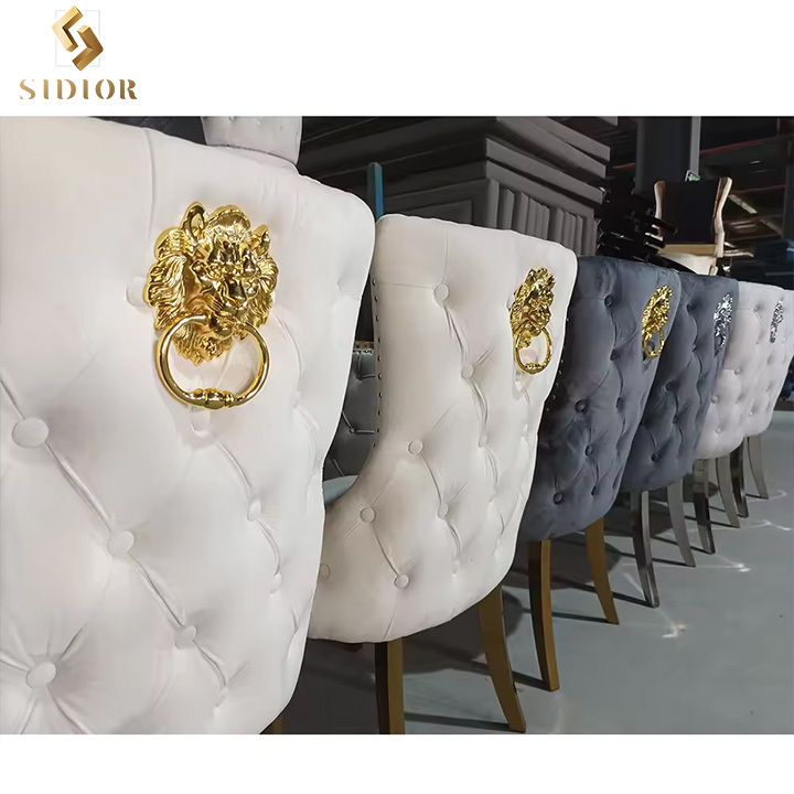 Customized Button Tufted Velvet Lion Knocker Back Modern Luxury Design Stainless Steel Legs Dining Room Sets of 6 Dining Chairs