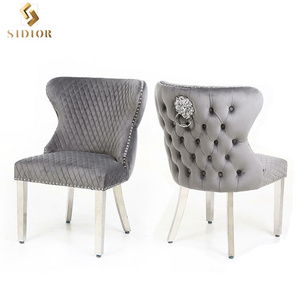 Customized Button Tufted Velvet Lion Knocker Back Modern Luxury Design Stainless Steel Legs Dining Room Sets of 6 Dining Chairs