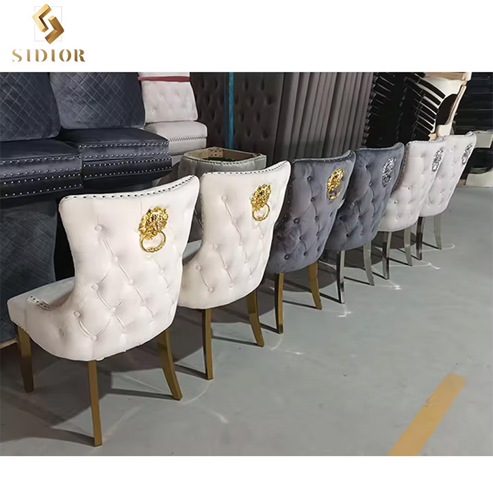 Customized Button Tufted Velvet Lion Knocker Back Modern Luxury Design Stainless Steel Legs Dining Room Sets of 6 Dining Chairs