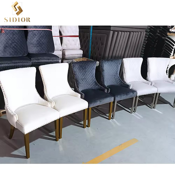 Customized Button Tufted Velvet Lion Knocker Back Modern Luxury Design Stainless Steel Legs Dining Room Sets of 6 Dining Chairs