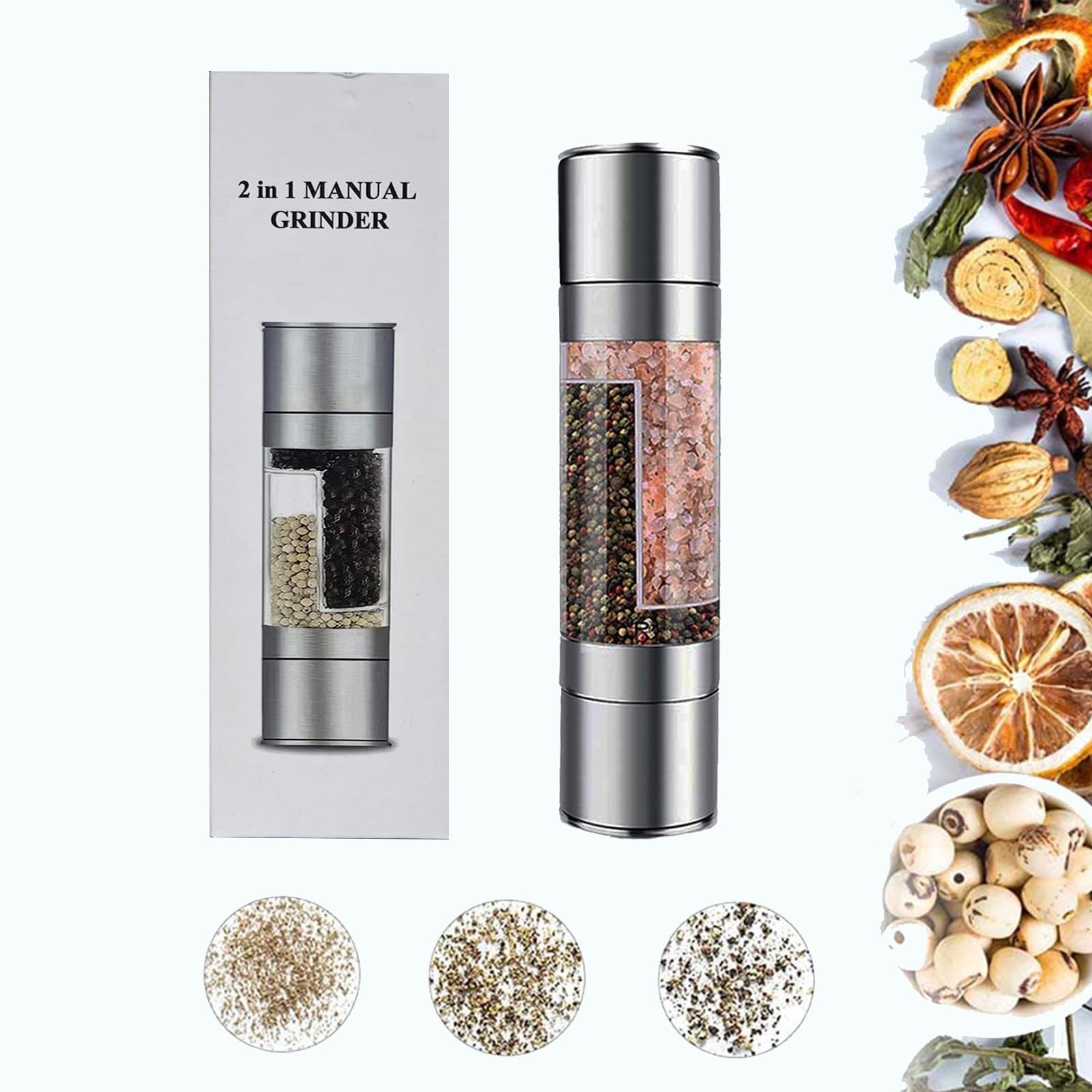 2 In 1 Adjustable Salt And Pepper Grinder Double Head Manual Pepper Mill Herb Spices Grinder