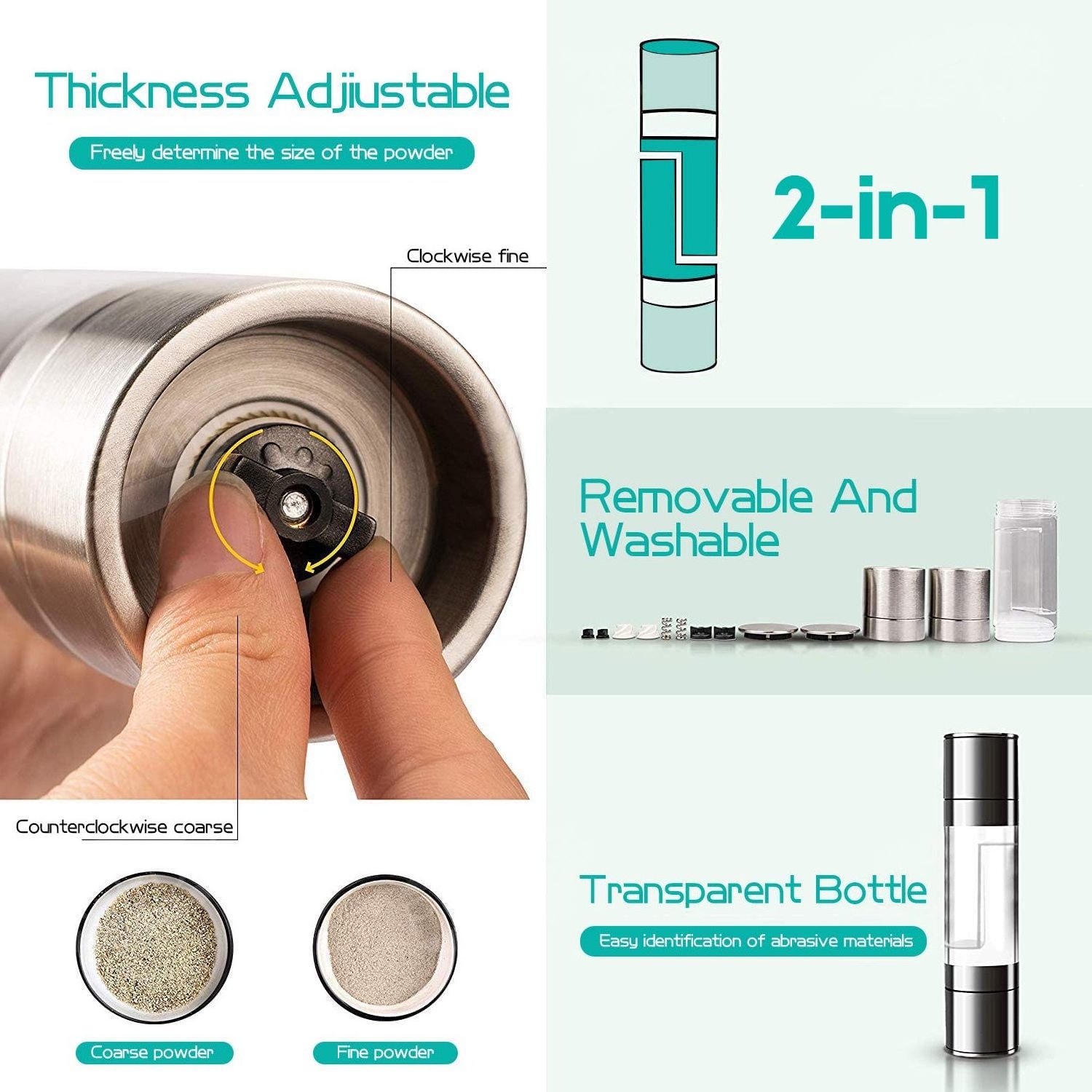 Adjustable Coarseness 2 In 1 Dual Head Manual Stainless Steel Salt And Pepper Mill Herb Spices Grinder for Kitchen