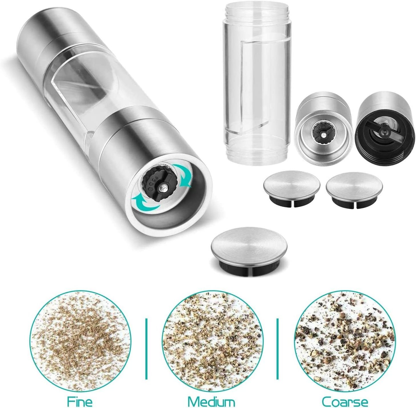 Adjustable Coarseness 2 In 1 Dual Head Manual Stainless Steel Salt And Pepper Mill Herb Spices Grinder for Kitchen