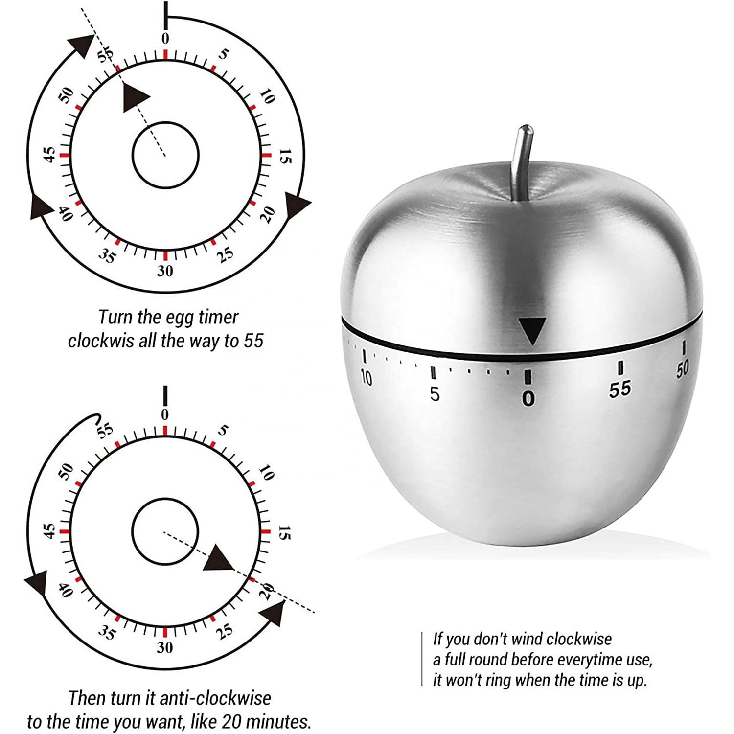 Apple Shape Kitchen Timer Popular  Mechanical Timer Stainless Steel Countdown Timer