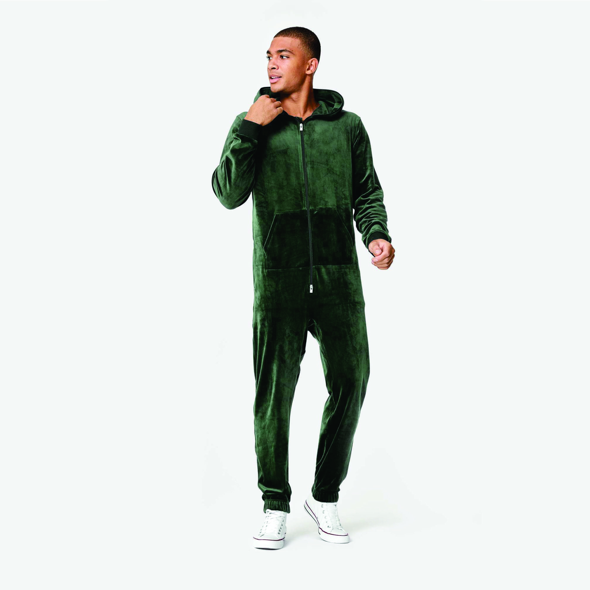 95% Polyester 5% Elastane Two Way YKK Quality Zipper Opening Unisex Green Original Velvet Jumpsuit