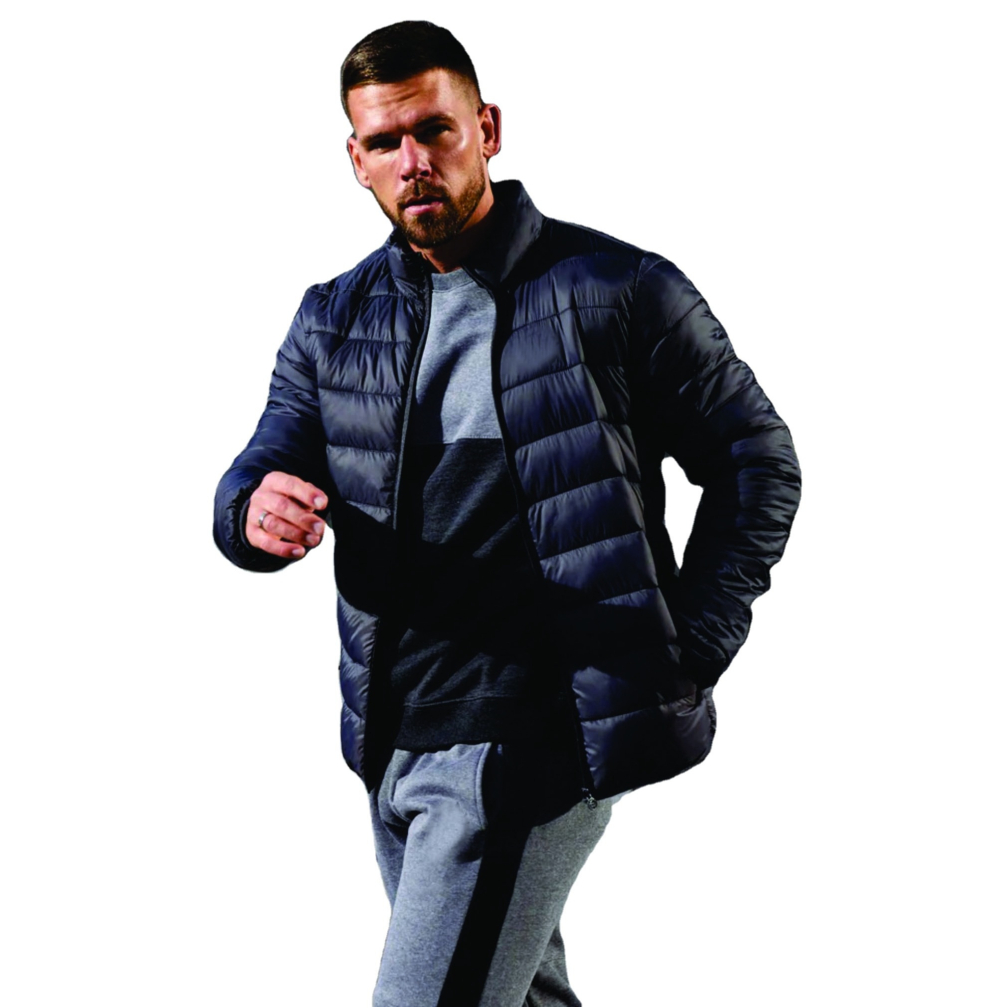 Custom Brand 100% Polyester Lightweight Quilted Full Zip  Cuffs Grey Mens Packaway Puffer Jacket