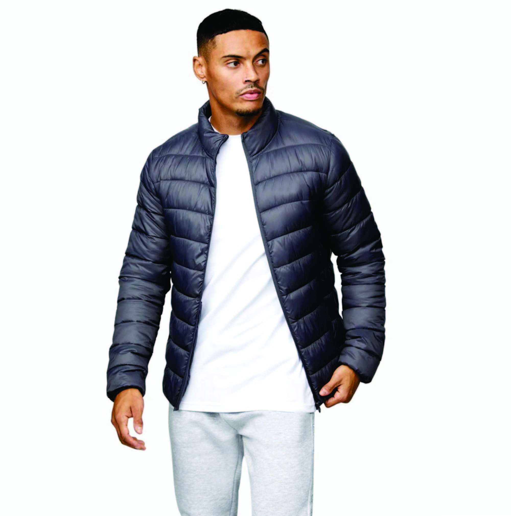 Custom Brand 100% Polyester Lightweight Quilted Full Zip  Cuffs Grey Mens Packaway Puffer Jacket