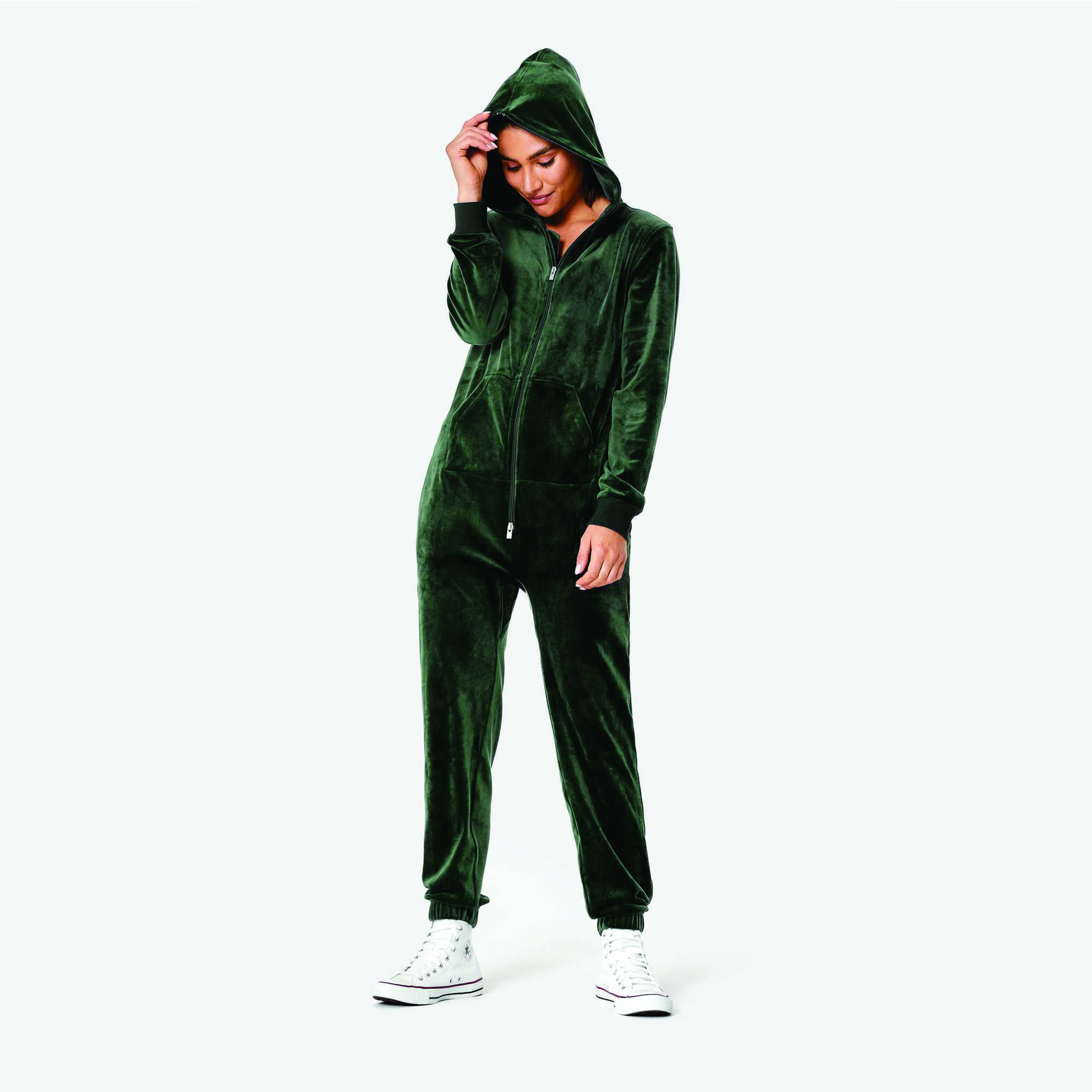 95% Polyester 5% Elastane Two Way YKK Quality Zipper Opening Unisex Green Original Velvet Jumpsuit