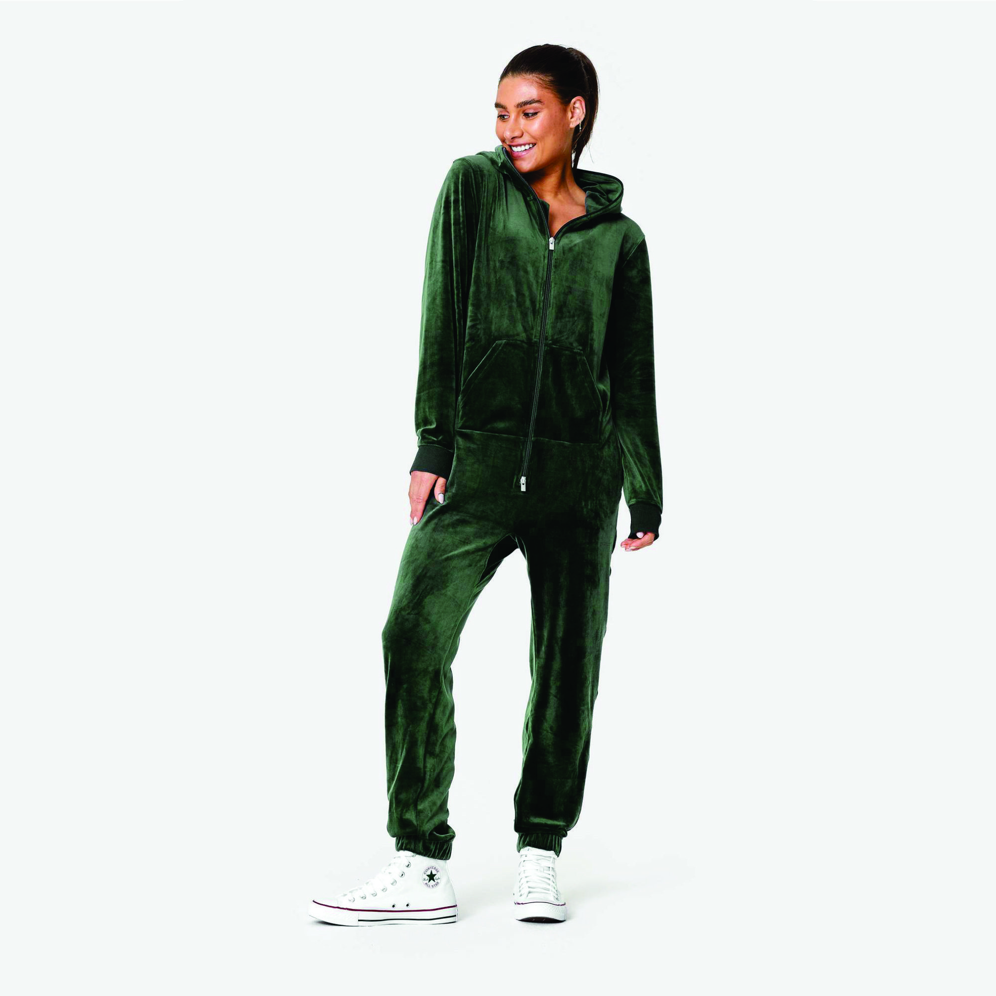 95% Polyester 5% Elastane Two Way YKK Quality Zipper Opening Unisex Green Original Velvet Jumpsuit