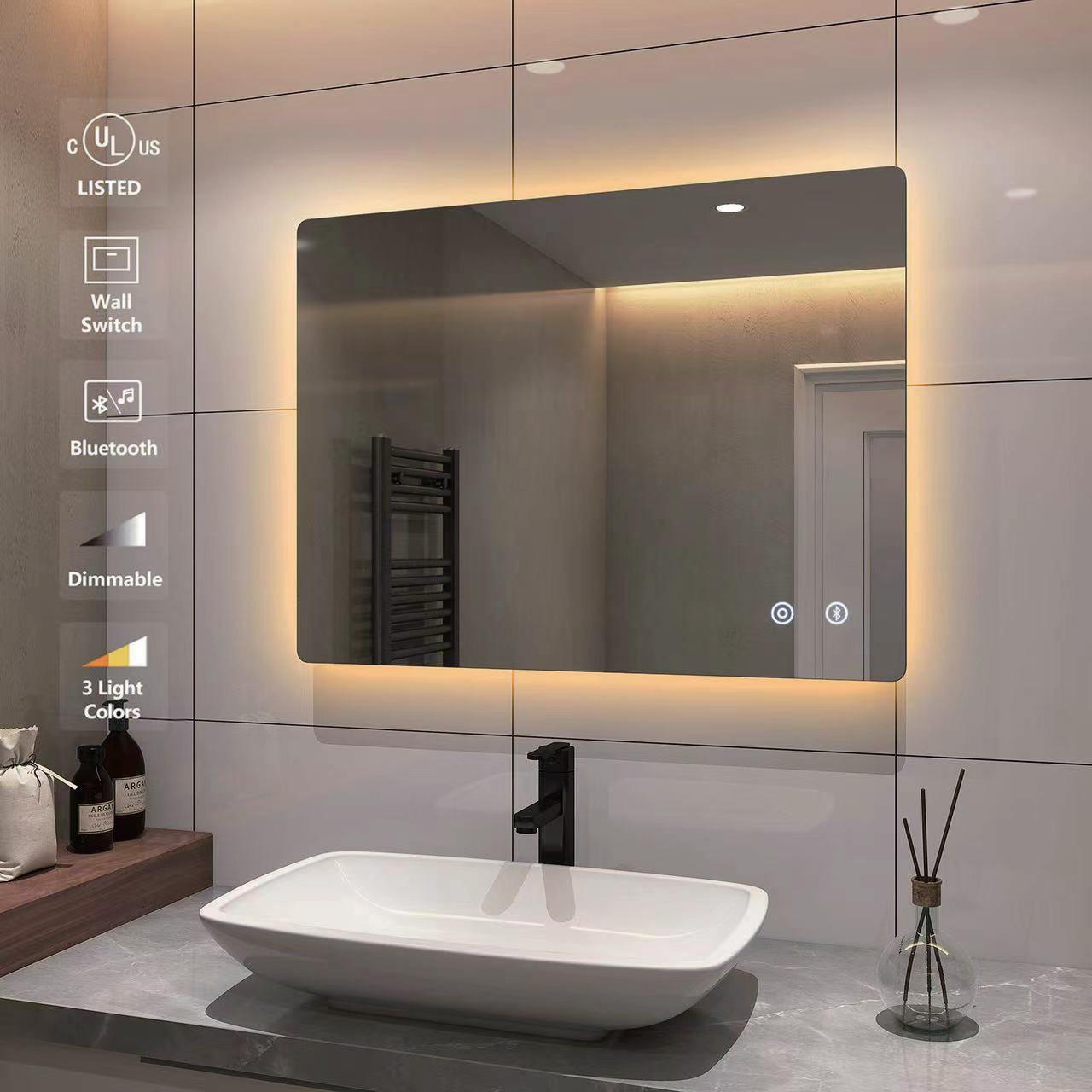 Professional rectangle bluetooth smart bathroom makeup mirror wifi  led light mirror with touch sensor switch