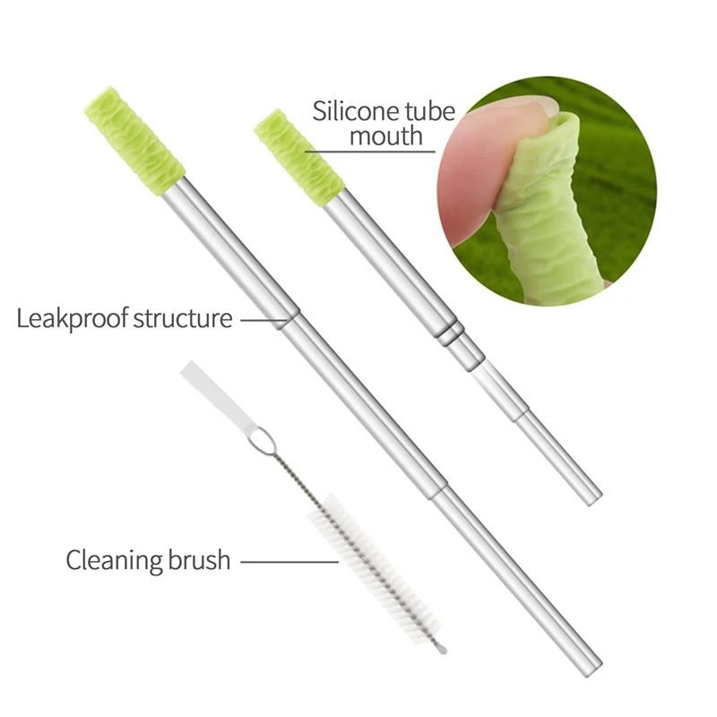 Telescopic Reusable Drinking Straws Stainless Steel Metal Straws Food-Grade Folding Straws Keychain Set with Case Cleaning Brush