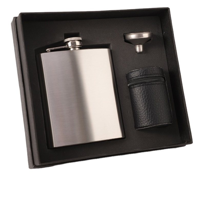 Premium 7oz Matte Black Stainless Steel Hip Flask Boxed Gift Set for liquor for men  with 1 funnel,4 shot glass