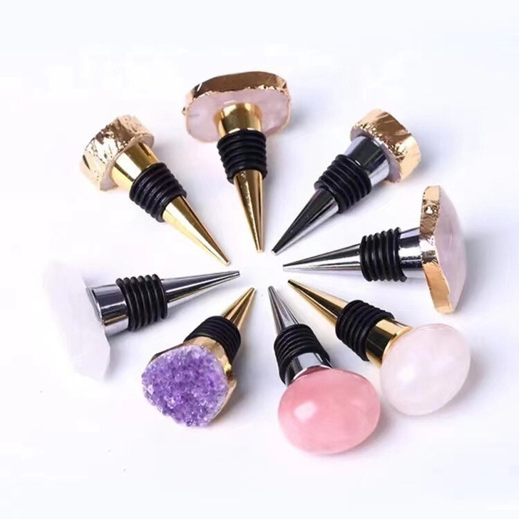 Luxury Gold/Silver Plated Natural Gemstone Crystal Wine Stoppers Stone Wine Bottle Stopper with retail box