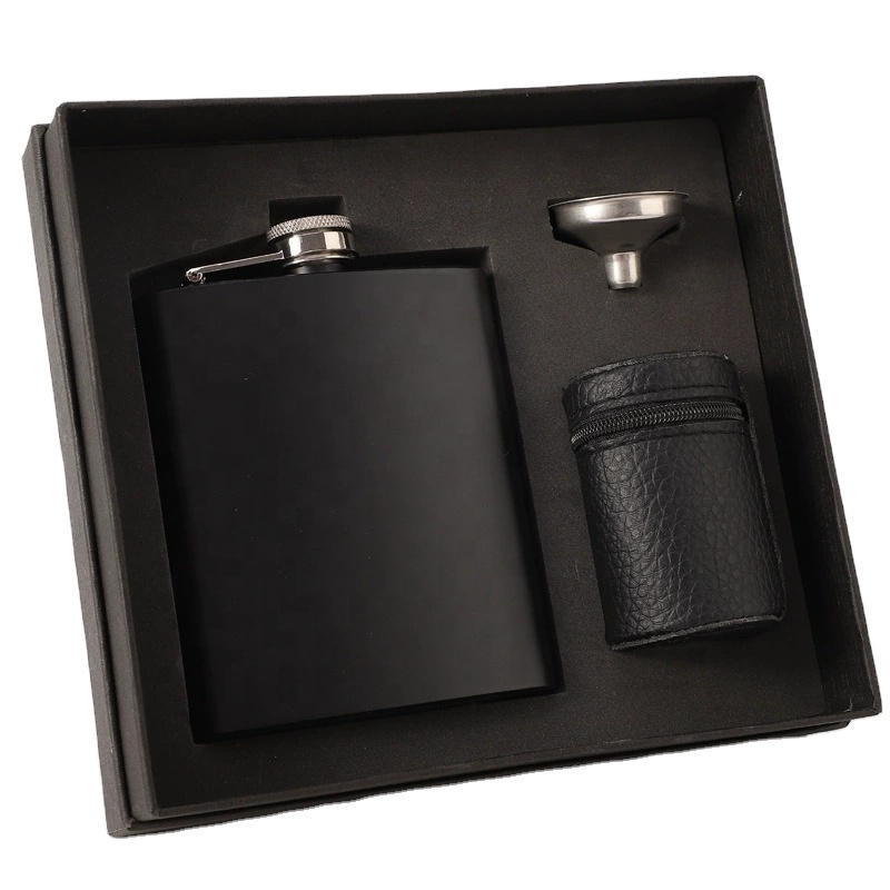 Premium 7oz Matte Black Stainless Steel Hip Flask Boxed Gift Set for liquor for men  with 1 funnel,4 shot glass