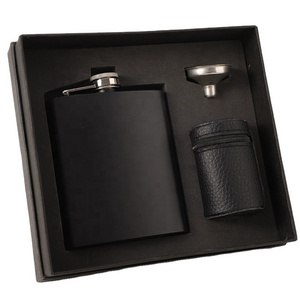 Premium 7oz Matte Black Stainless Steel Hip Flask Boxed Gift Set for liquor for men  with 1 funnel,4 shot glass