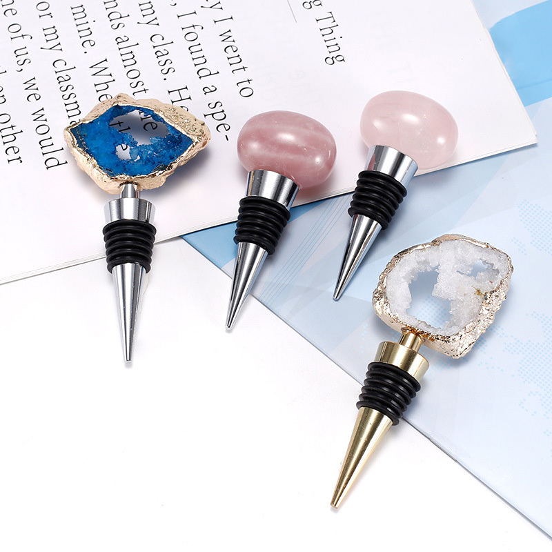 Luxury Gold/Silver Plated Natural Gemstone Crystal Wine Stoppers Stone Wine Bottle Stopper with retail box