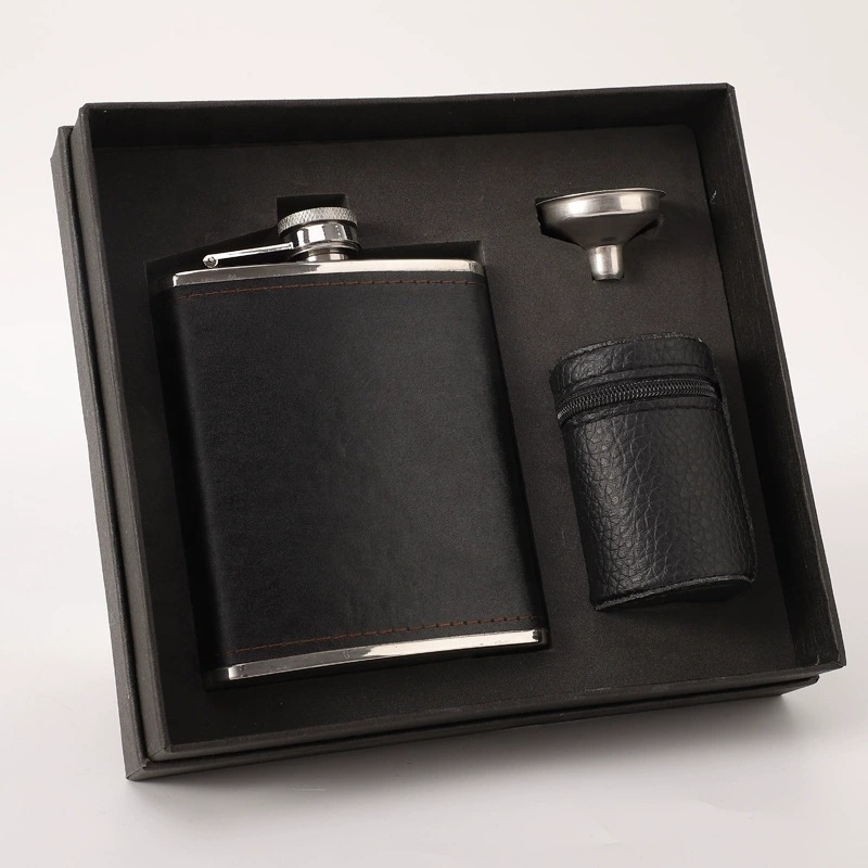 Premium 7oz Matte Black Stainless Steel Hip Flask Boxed Gift Set for liquor for men  with 1 funnel,4 shot glass