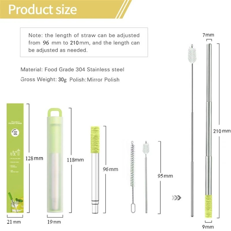 Telescopic Reusable Drinking Straws Stainless Steel Metal Straws Food-Grade Folding Straws Keychain Set with Case Cleaning Brush