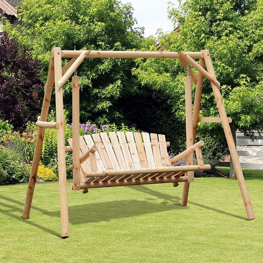 Log Wood Porch Swing with Stand Patio Burnt Wooden Swing