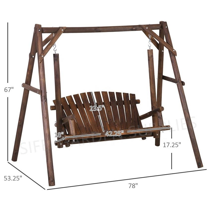 Log Wood Porch Swing with Stand Patio Burnt Wooden Swing