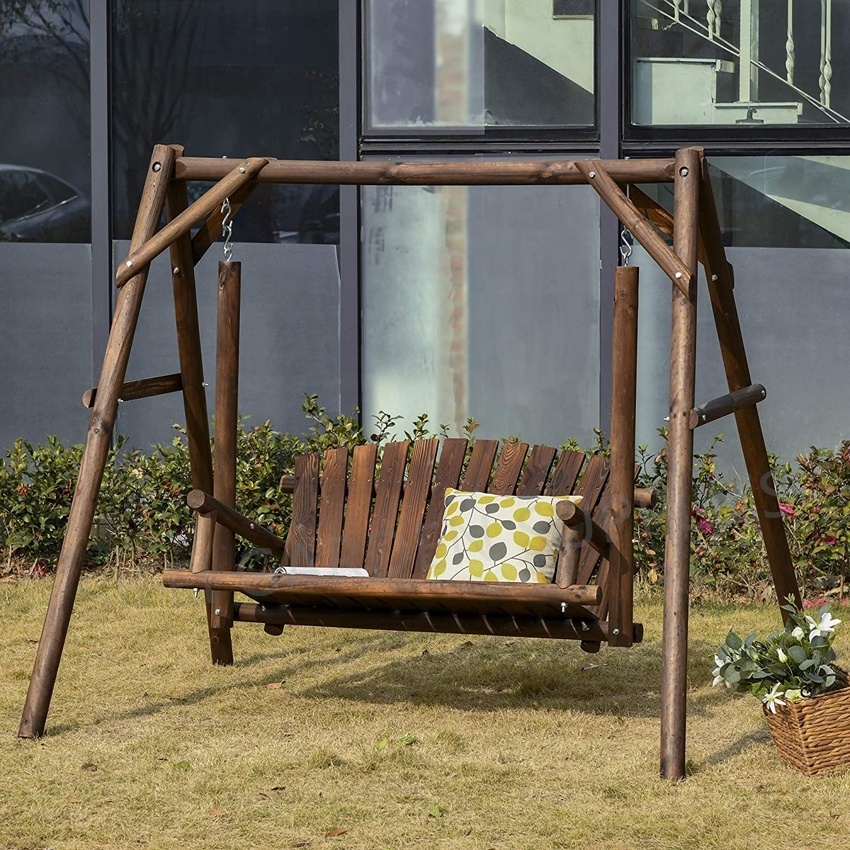 Log Wood Porch Swing with Stand Patio Burnt Wooden Swing