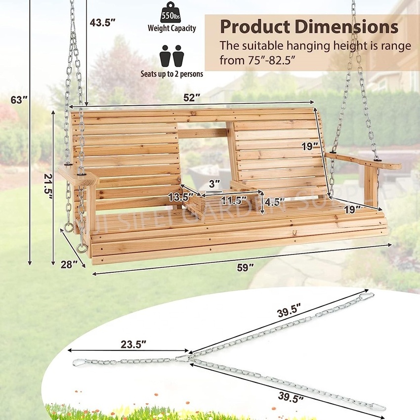 Garden Porch Swing Wooden Patio Swing with Cup Holder