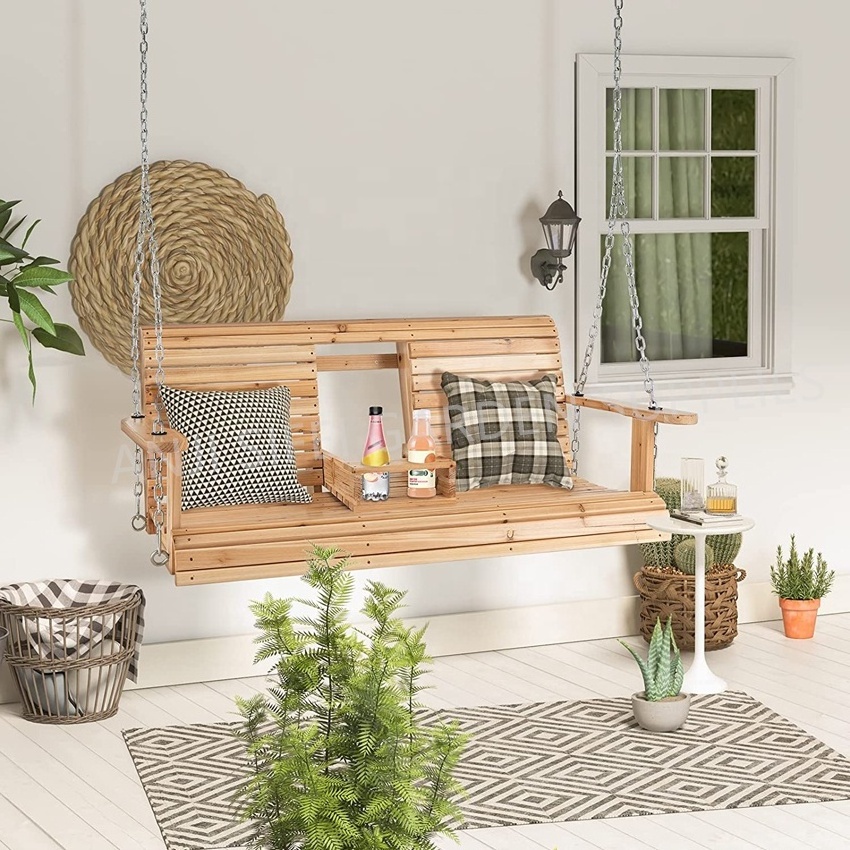 Garden Porch Swing Wooden Patio Swing with Cup Holder